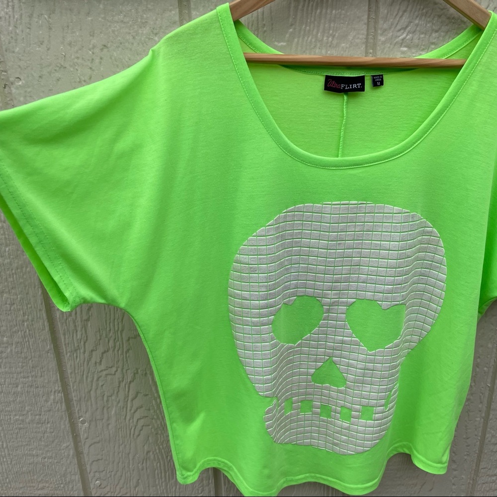 Ultra Flirt | Vintage Neon Green Skull Graphic Loose Top - Picture 2 of 8